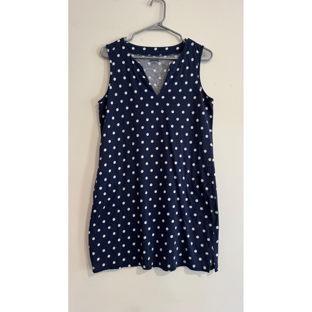 Lands End Polka Dot Knit Dress Womens Petite Medium Navy Blue Sleeveless Pockets